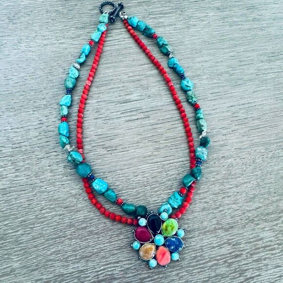 Barse 925 Silver Turquoise Red Beaded Floral Stone Pendant Statement Necklace - Picture 1 of 6